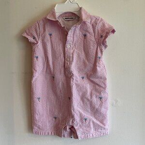 JANIE AND JACK Pink White Seersucker Palm Tree Embroidered Short Romper …